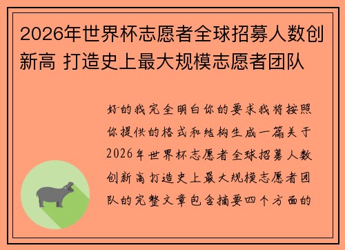 2026年世界杯志愿者全球招募人数创新高 打造史上最大规模志愿者团队
